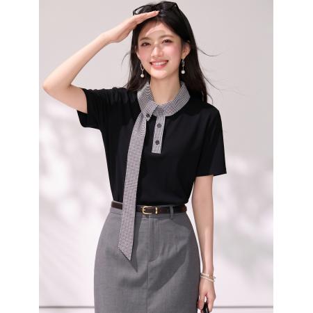 BY21411# 学院风撞色格子拼接短袖T恤宽松百搭气质系带上衣 服裝批發女裝批發服飾貨源