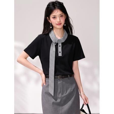 BY21411# 学院风撞色格子拼接短袖T恤宽松百搭气质系带上衣 服裝批發女裝批發服飾貨源