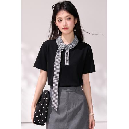 BY21411# 学院风撞色格子拼接短袖T恤宽松百搭气质系带上衣 服裝批發女裝批發服飾貨源