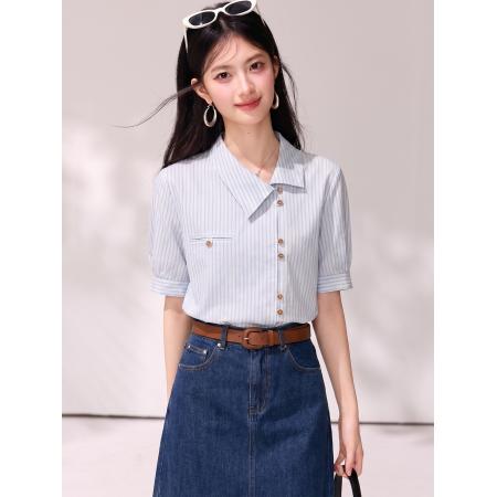 BY21413# 夏季韩系设计感通勤条纹衬衫女气质职场休闲衬衣 服裝批發女裝批發服飾貨源