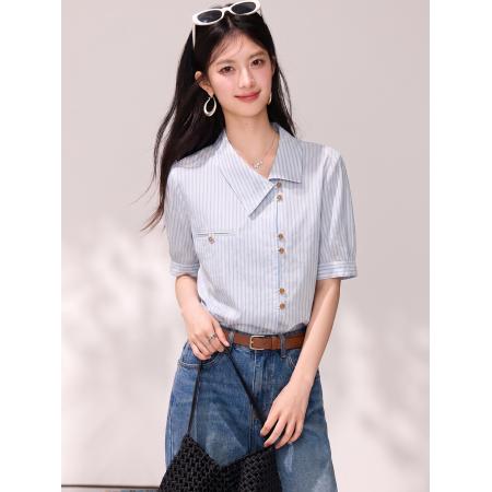BY21413# 夏季韩系设计感通勤条纹衬衫女气质职场休闲衬衣 服裝批發女裝批發服飾貨源