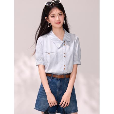 BY21413# 夏季韩系设计感通勤条纹衬衫女气质职场休闲衬衣 服裝批發女裝批發服飾貨源