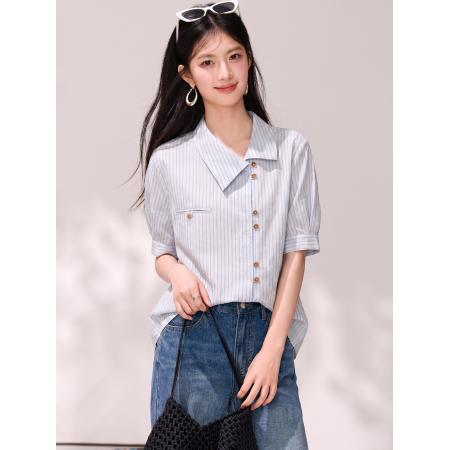 BY21413# 夏季韩系设计感通勤条纹衬衫女气质职场休闲衬衣 服裝批發女裝批發服飾貨源