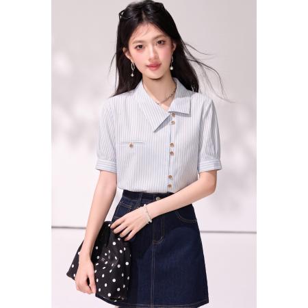 BY21413# 夏季韩系设计感通勤条纹衬衫女气质职场休闲衬衣 服裝批發女裝批發服飾貨源