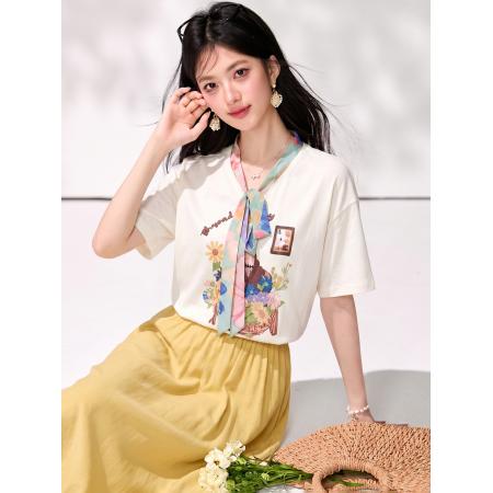 BY21414# 设计感田园风绑带短袖t恤女夏季百搭减龄花卉印花上衣 服裝批發女裝批發服飾貨源