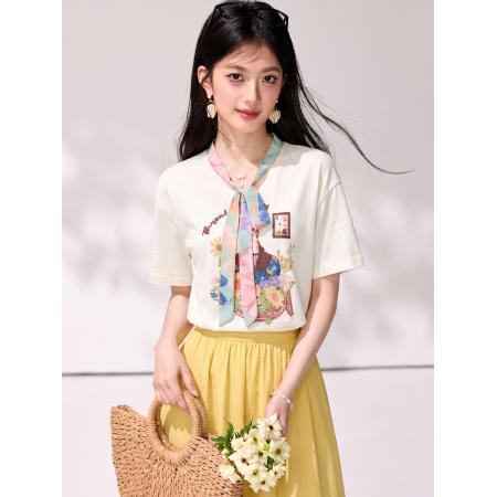 BY21414# 设计感田园风绑带短袖t恤女夏季百搭减龄花卉印花上衣 服裝批發女裝批發服飾貨源