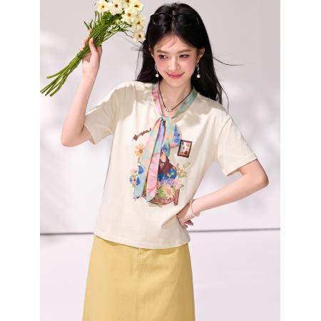 BY21414# 设计感田园风绑带短袖t恤女夏季百搭减龄花卉印花上衣 服裝批發女裝批發服飾貨源