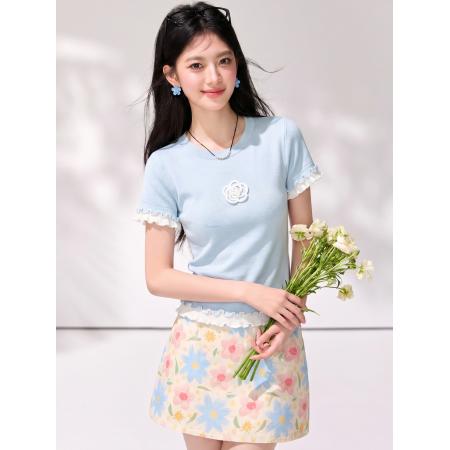BY21415# 小香风甜美多巴胺撞色针织衫女夏新款圆领正肩短袖T恤女 服裝批發女裝批發服飾貨源