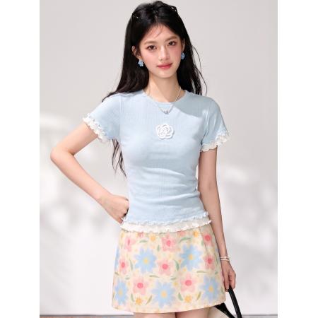 BY21415# 小香风甜美多巴胺撞色针织衫女夏新款圆领正肩短袖T恤女 服裝批發女裝批發服飾貨源