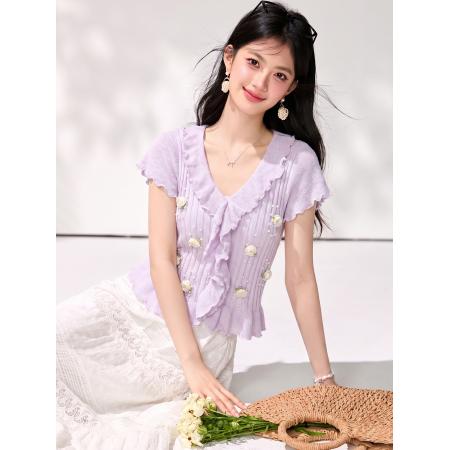 BY21416# 夏季甜美风重工钉珠立体花朵荷叶边v领针织衫上衣女 服裝批發女裝批發服飾貨源