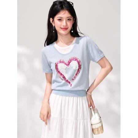 BY21418# 圆领宽松休闲短袖T恤女夏新款亮片通勤简约百搭上衣 服裝批發女裝批發服飾貨源