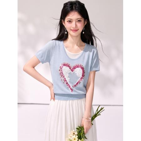 BY21418# 圆领宽松休闲短袖T恤女夏新款亮片通勤简约百搭上衣 服裝批發女裝批發服飾貨源