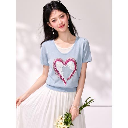 BY21418# 圆领宽松休闲短袖T恤女夏新款亮片通勤简约百搭上衣 服裝批發女裝批發服飾貨源