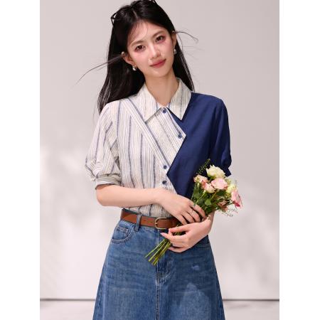 BY21420# 设计感不规则拼接条纹翻领短袖衬衫女复古港风上衣 服裝批發女裝批發服飾貨源