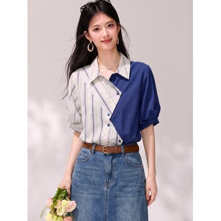 BY21420# 设计感不规则拼接条纹翻领短袖衬衫女复古港风上衣 服裝批發女裝批發服飾貨源