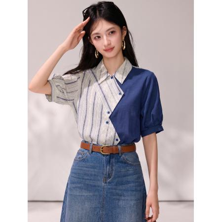 BY21420# 设计感不规则拼接条纹翻领短袖衬衫女复古港风上衣 服裝批發女裝批發服飾貨源