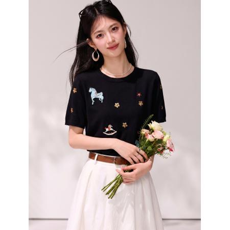 小马刺绣短袖T恤女黑色正肩圆领...