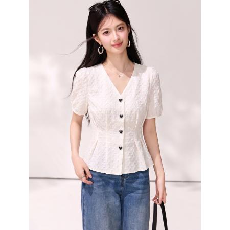 BY21423# 法式V领短袖雪纺衬衫女夏季收腰显瘦泡泡袖上衣 服裝批發女裝批發服飾貨源