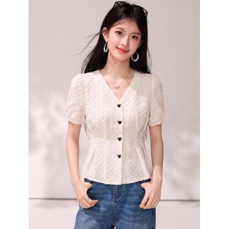 BY21423# 法式V领短袖雪纺衬衫女夏季收腰显瘦泡泡袖上衣 服裝批發女裝批發服飾貨源