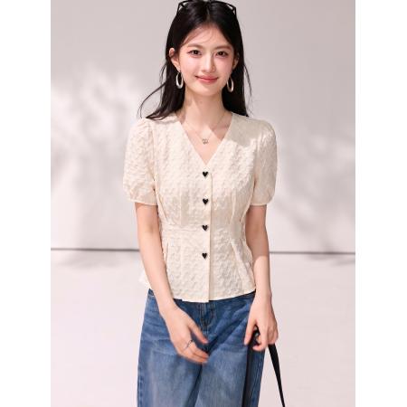 BY21423# 法式V领短袖雪纺衬衫女夏季收腰显瘦泡泡袖上衣 服裝批發女裝批發服飾貨源