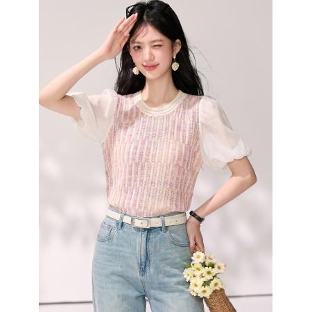 BY21424# 甜美减龄多巴胺粉色针织短袖t恤女夏薄款泡泡袖上衣 服裝批發女裝批發服飾貨源