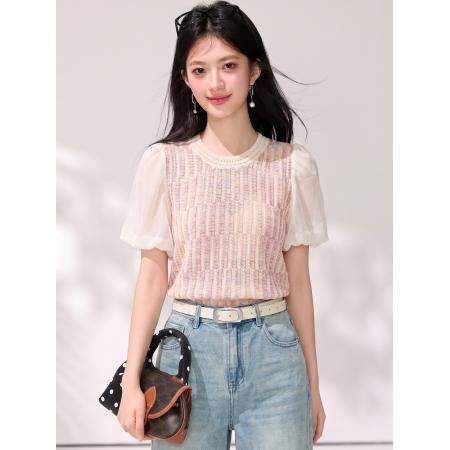BY21424# 甜美减龄多巴胺粉色针织短袖t恤女夏薄款泡泡袖上衣 服裝批發女裝批發服飾貨源