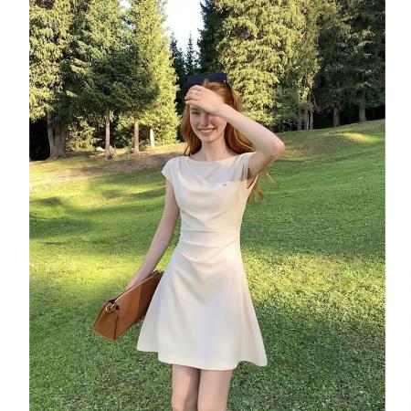 BY21432# 法式连衣裙女褶皱收腰简约高级感夏季漂亮短款小裙子 服裝批發女裝批發服飾貨源