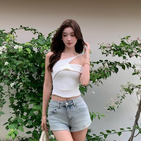 BY21437# 夏季修身显瘦包臀裙子感斜肩不规则小衫露肩吊带上衣纯欲连衣裙 服裝批發女裝批發服飾貨源