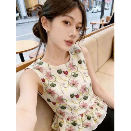 BY21454# 夏季时尚减龄气质小众吊带背心女巨好看绝美花朵印花显瘦无袖上衣 服裝批發女裝批發服飾貨源