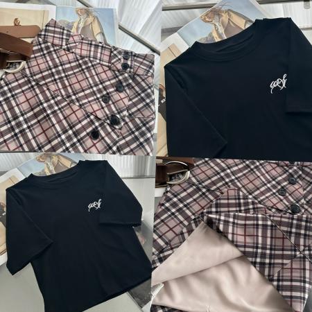 BY21456# 黑色针织中袖短袖上衣女通勤+格纹包臀中裙 服裝批發女裝批發服飾貨源