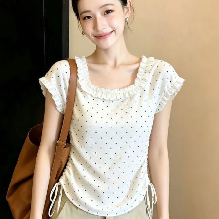 波点双抽绳白色短袖T恤百搭别致...