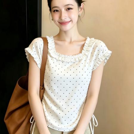 BY21459# 波点双抽绳白色短袖T恤百搭别致设计感修身显瘦短款夏季上衣女装 服裝批發女裝批發服飾貨源