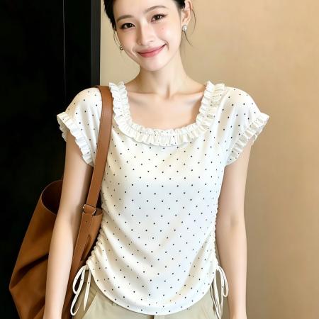 BY21459# 波点双抽绳白色短袖T恤百搭别致设计感修身显瘦短款夏季上衣女装 服裝批發女裝批發服飾貨源