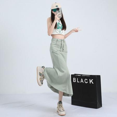 BY21465# 薄荷绿牛仔半身裙夏女新款高腰遮胯小个子设计感包臀裙子显瘦 服裝批發女裝批發服飾貨源