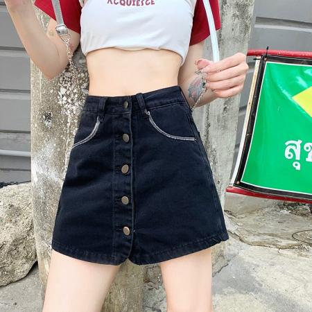 BY21467# 黑色牛仔短裙女夏季高腰裤裙a字新款小个子短裤百搭半身裙女 服裝批發女裝批發服飾貨源