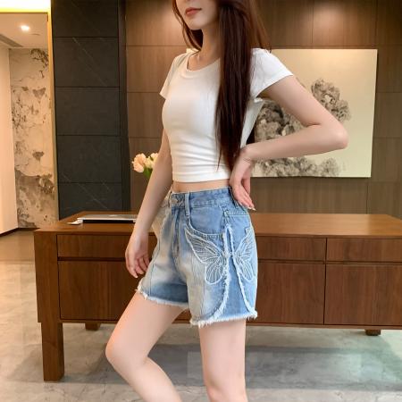 BY21469# 复古怀旧牛仔短裤女夏季新款刺绣毛边时髦辣妹百搭显瘦热裤子 服裝批發女裝批發服飾貨源