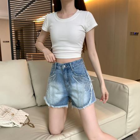 BY21469# 复古怀旧牛仔短裤女夏季新款刺绣毛边时髦辣妹百搭显瘦热裤子 服裝批發女裝批發服飾貨源