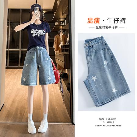 复古星星印花牛仔短裤女夏新款大...