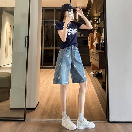 BY21470# 复古星星印花牛仔短裤女夏新款大码高腰宽松a字五分阔腿中裤 服裝批發女裝批發服飾貨源