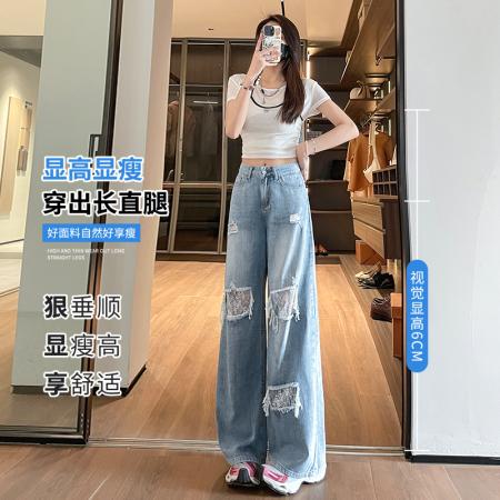BY21472# 薄料天丝直筒牛仔裤女新款刺绣蕾丝时尚潮流破洞阔腿牛仔裤女 服裝批發女裝批發服飾貨源