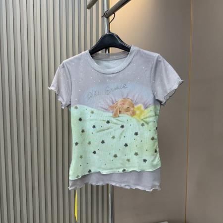 BY21473# 大码胖韩系圆领烫钻木耳边假两件短袖T恤女夏季显瘦设计上衣 服裝批發女裝批發服飾貨源