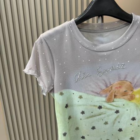 BY21473# 大码胖韩系圆领烫钻木耳边假两件短袖T恤女夏季显瘦设计上衣 服裝批發女裝批發服飾貨源