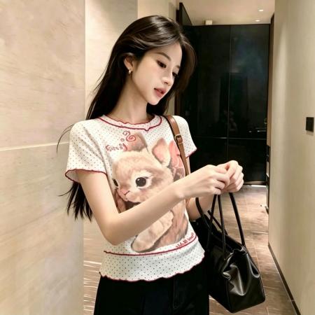 BY21474# 官拍大码设计感假两件印花网纱短袖t恤女夏季胖显瘦修身上衣 服裝批發女裝批發服飾貨源