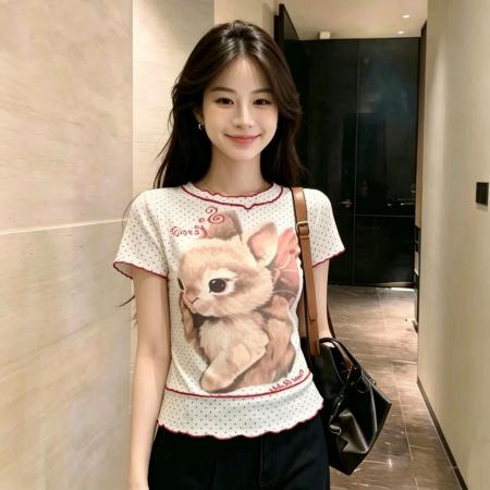 BY21474# 官拍大码设计感假两件印花网纱短袖t恤女夏季胖显瘦修身上衣 服裝批發女裝批發服飾貨源