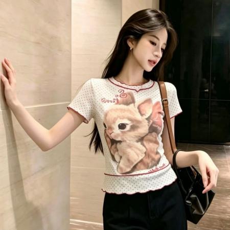 BY21474# 官拍大码设计感假两件印花网纱短袖t恤女夏季胖显瘦修身上衣 服裝批發女裝批發服飾貨源