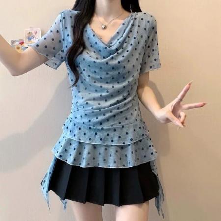 BY21475# 官拍大码女装法式荷叶边荡领双层网纱短袖T恤夏季修身不规则上衣 服裝批發女裝批發服飾貨源