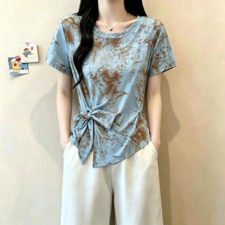 BY21477# 官拍夏季新款双层网纱短袖T恤女百搭罩衫印花气质绑带设计上衣 服裝批發女裝批發服飾貨源