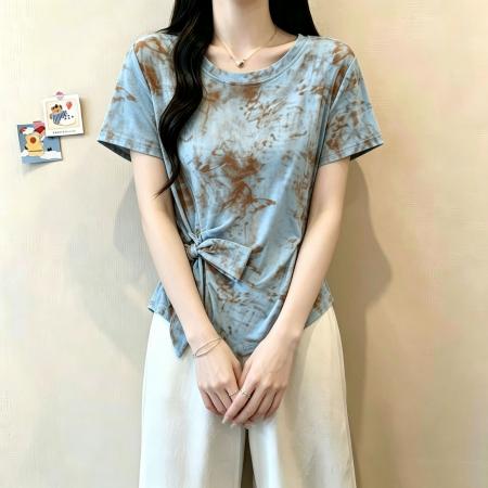 BY21477# 官拍夏季新款双层网纱短袖T恤女百搭罩衫印花气质绑带设计上衣 服裝批發女裝批發服飾貨源