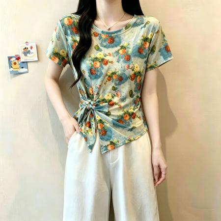 BY21477# 官拍夏季新款双层网纱短袖T恤女百搭罩衫印花气质绑带设计上衣 服裝批發女裝批發服飾貨源
