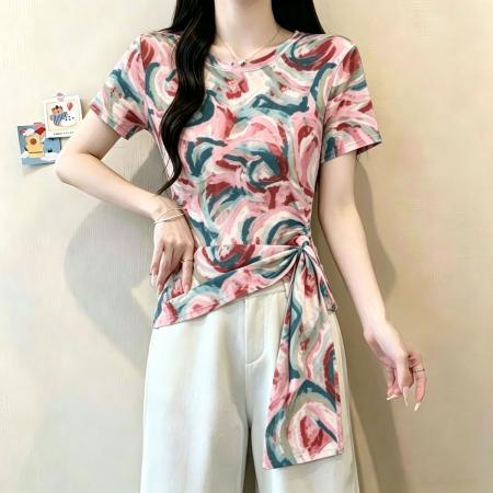 BY21478# 官拍大码双层网纱短袖T恤女百搭罩衫印花气质设计感小众上衣 服裝批發女裝批發服飾貨源